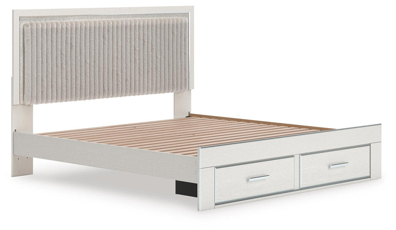 Zuraleus King Upholstered Panel Platform Storage Bed, Dresser, Mirror and Nightstand in White - PKG022826