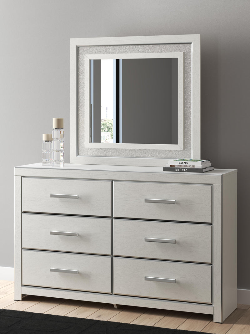 Zuraleus King Upholstered Panel Platform Storage Bed, Dresser, Mirror and Nightstand in White - PKG022826