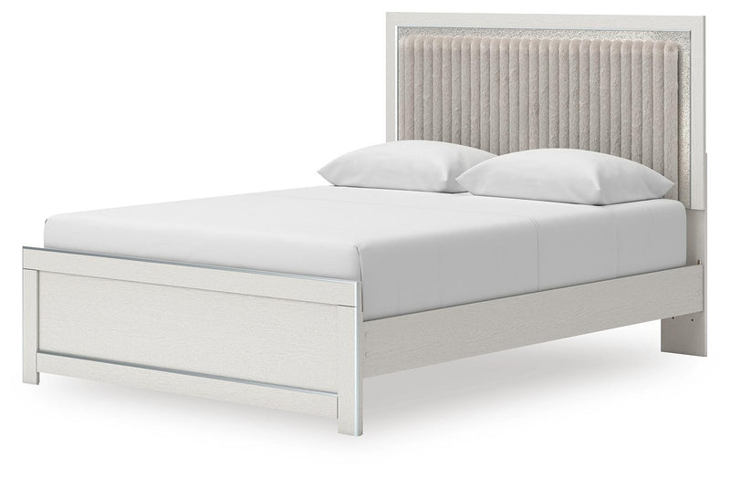 Zuraleus Queen Upholstered Panel Platform Bed, Dresser and Nightstand in White - PKG022798