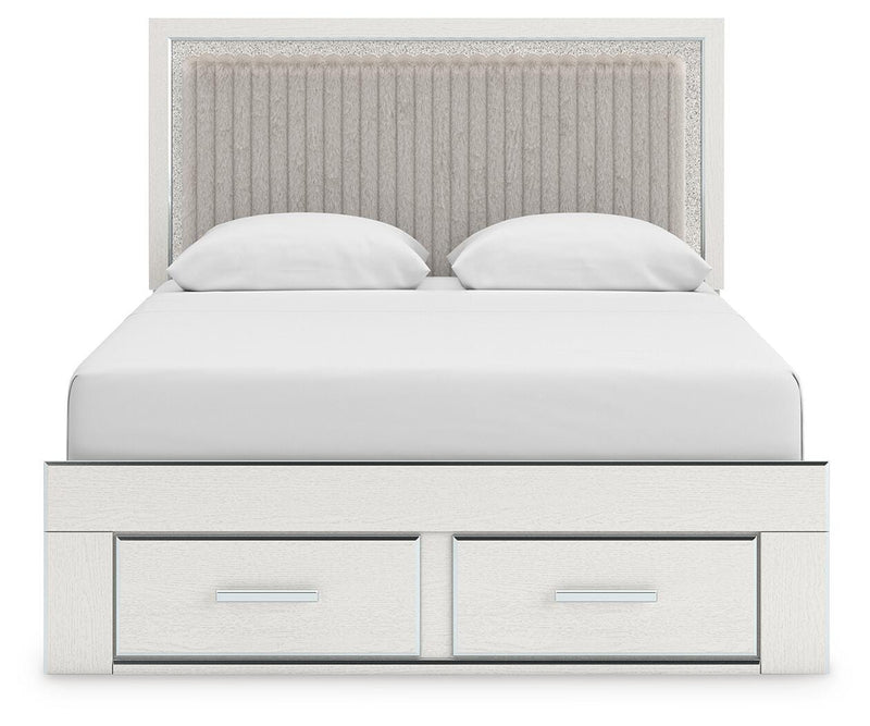 Zuraleus Queen Upholstered Panel Platform Storage Bed, Dresser and Chest in White - PKG022800