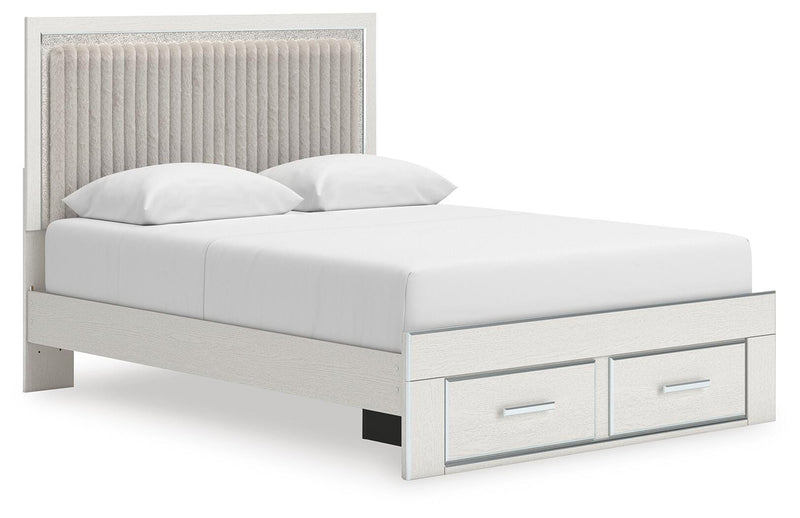 Zuraleus Queen Upholstered Panel Platform Storage Bed, Dresser, Mirror, Chest and Nightstand in White - PKG022804