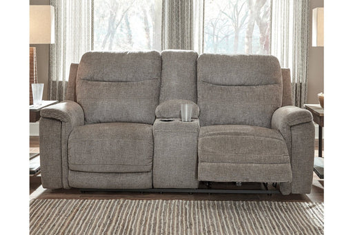 Mouttrie Smoke Power Reclining Loveseat with Console - Lara Furniture