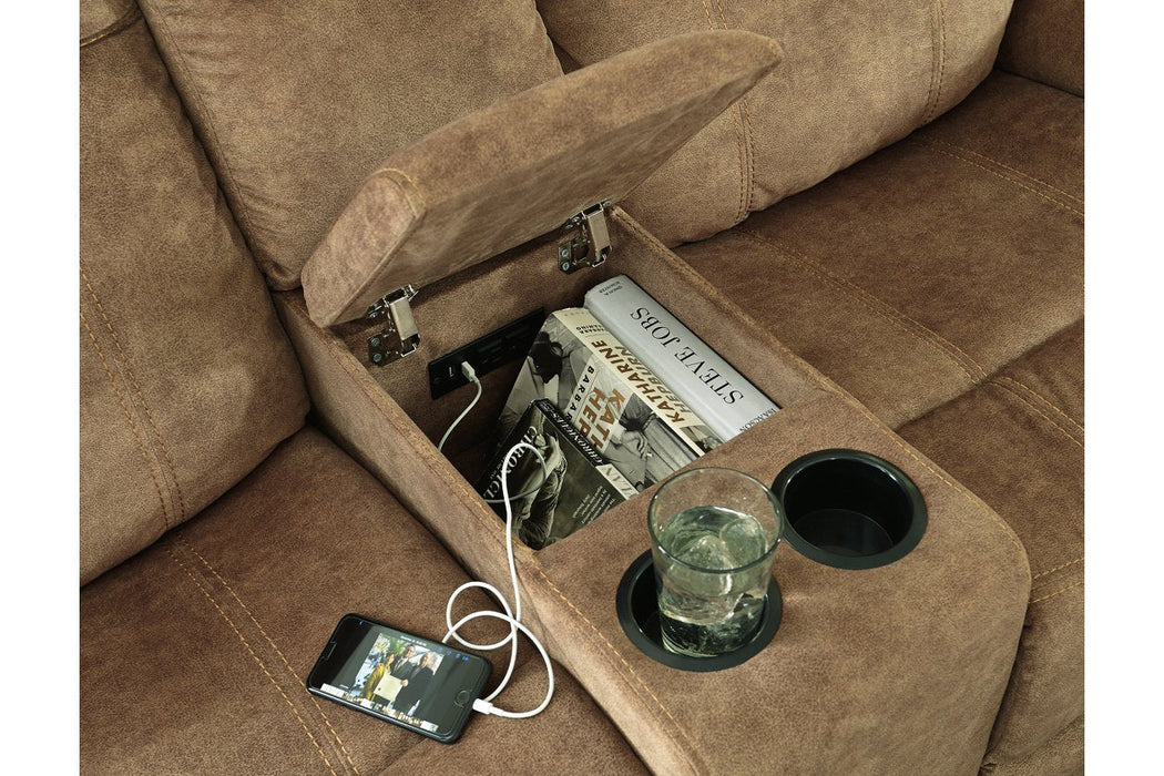 Huddle-Up Nutmeg Glider Reclining Loveseat with Console - Lara Furniture