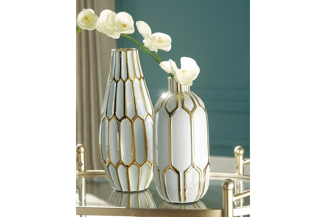Mohsen Gold Finish/White Vase (Set of 2) - Lara Furniture