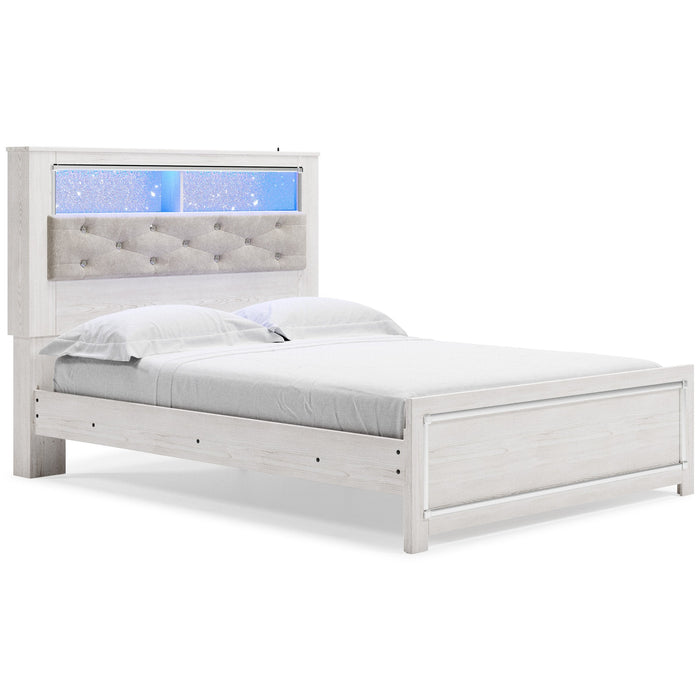 Altyra White Upholstered Bookcase LED Queen Panel Bed - Lara Furniture