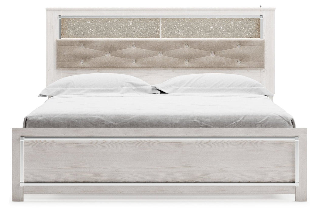 Altyra White Upholstered Bookcase LED King Panel Bed - Lara Furniture