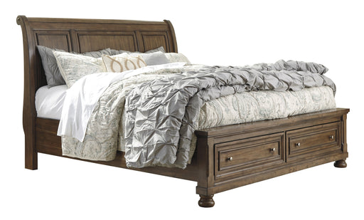 Flynnter Medium Brown King Storage Platform Sleigh Bed - Lara Furniture