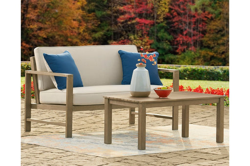 Fynnegan Light Brown Outdoor Loveseat with Table (Set of 2) - Lara Furniture