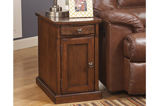Laflorn Medium Brown Chairside End Table with USB Ports & Outlets - Lara Furniture