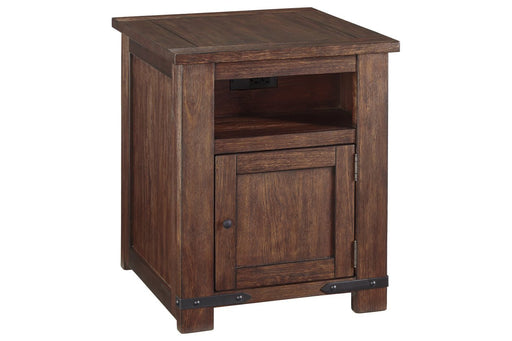 Budmore Brown End Table with USB Ports & Outlets - Lara Furniture
