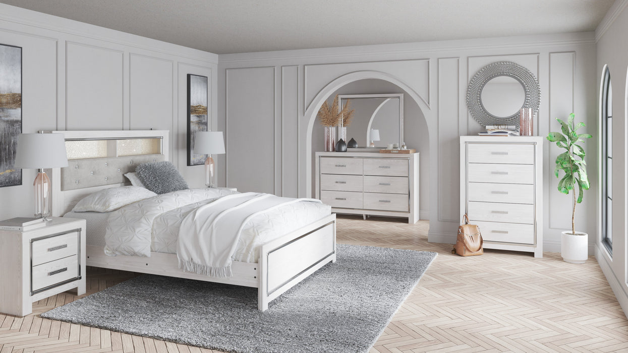 Altyra White Upholstered Bookcase LED Panel Bedroom Set